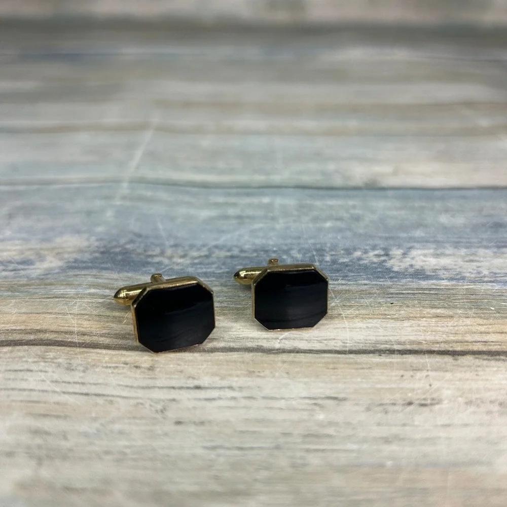 Swank Vintage Cuff Links Black Gold Tone Groom or Groomsman Cuff Links